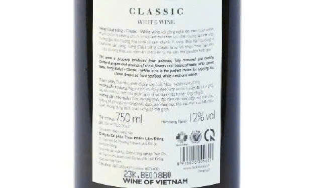 Nhan sau chai vang Da Lat Classic White 750 ml